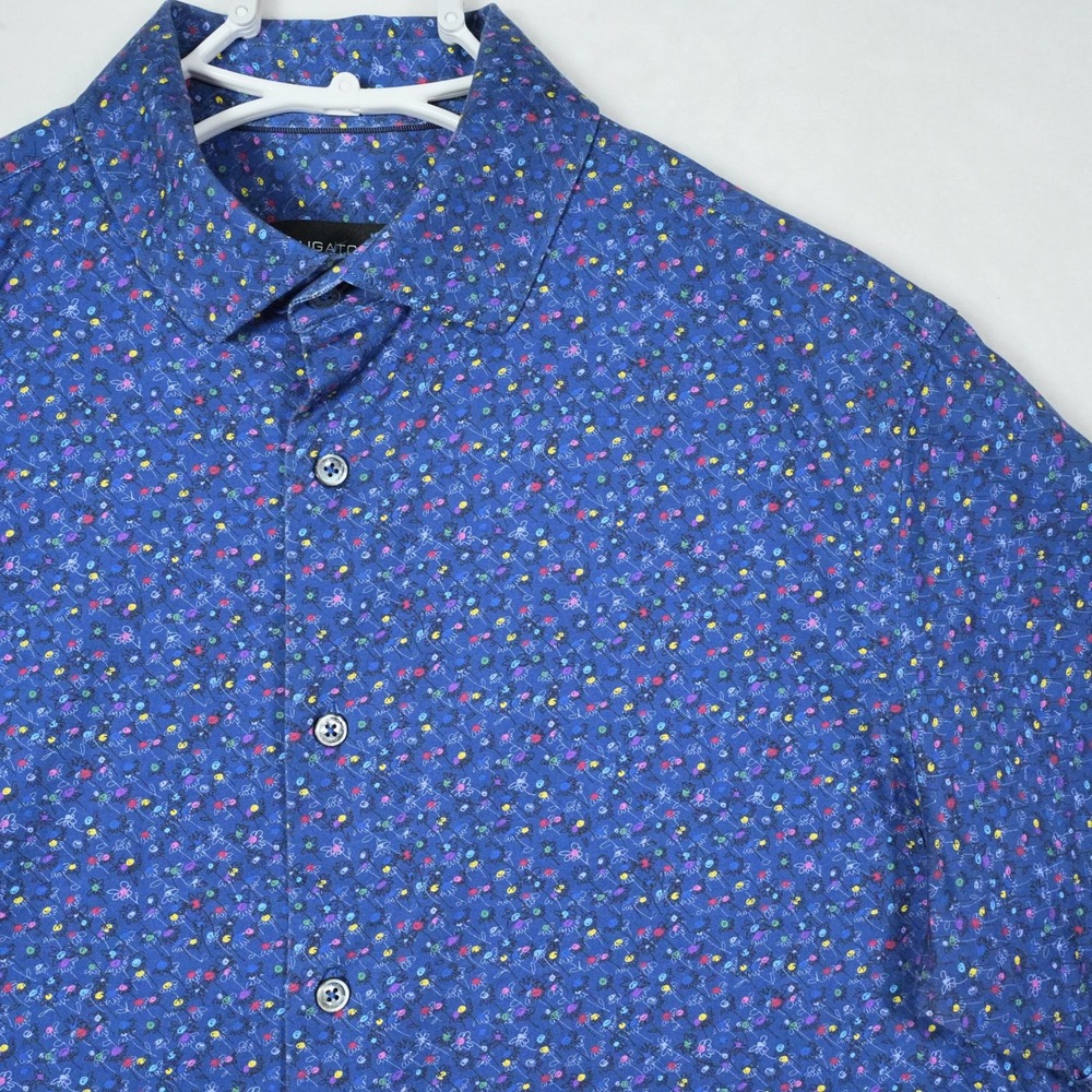Bugatchi OoohCotton Tech Mens Blue Floral Short Sleeve 8 Way Stretch Shirt M